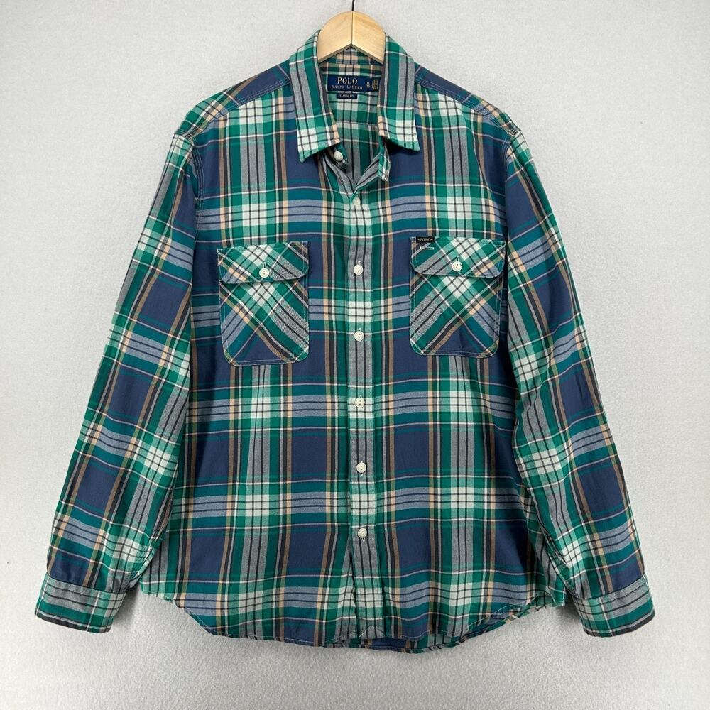 RALPH LAUREN Shirt Mens XL Flannel Plaid Utility Workshirt Classic Cotton Green